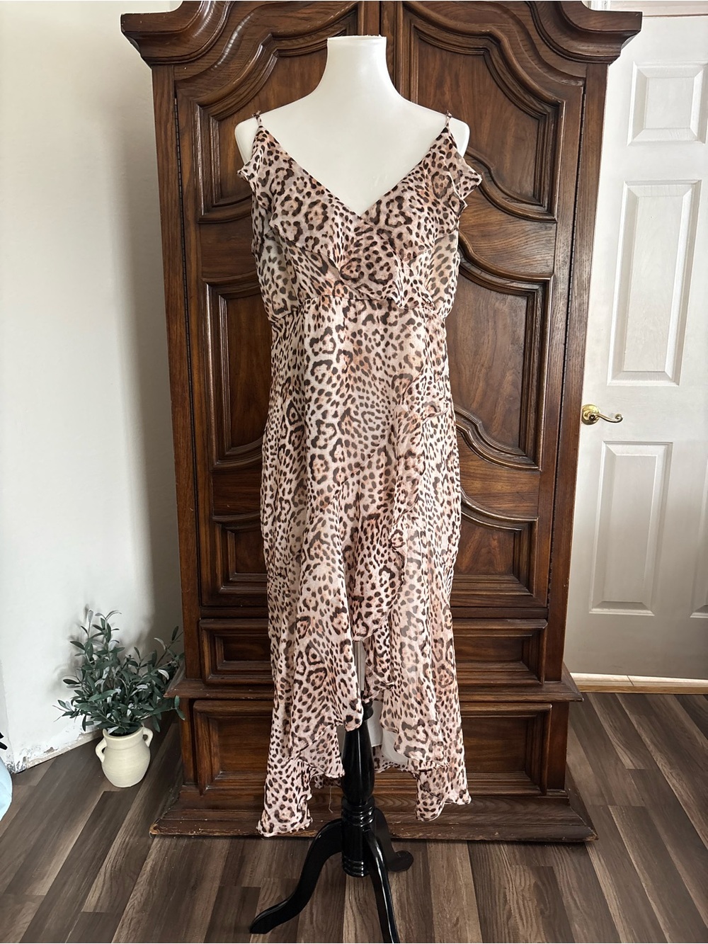 Express leopard print high low dress with ruffle detail